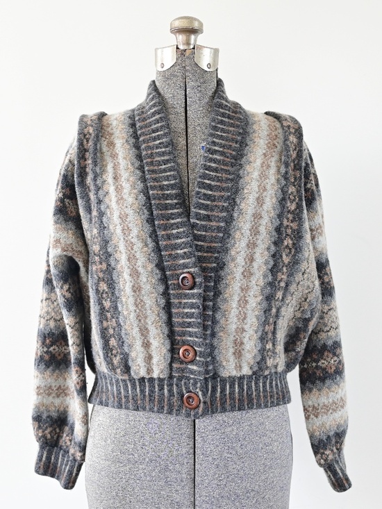 Heather Knits Sweaters - Vintage Heather Knits Gray Tan Striped Structured Cardigan w/ Wooden Buttons